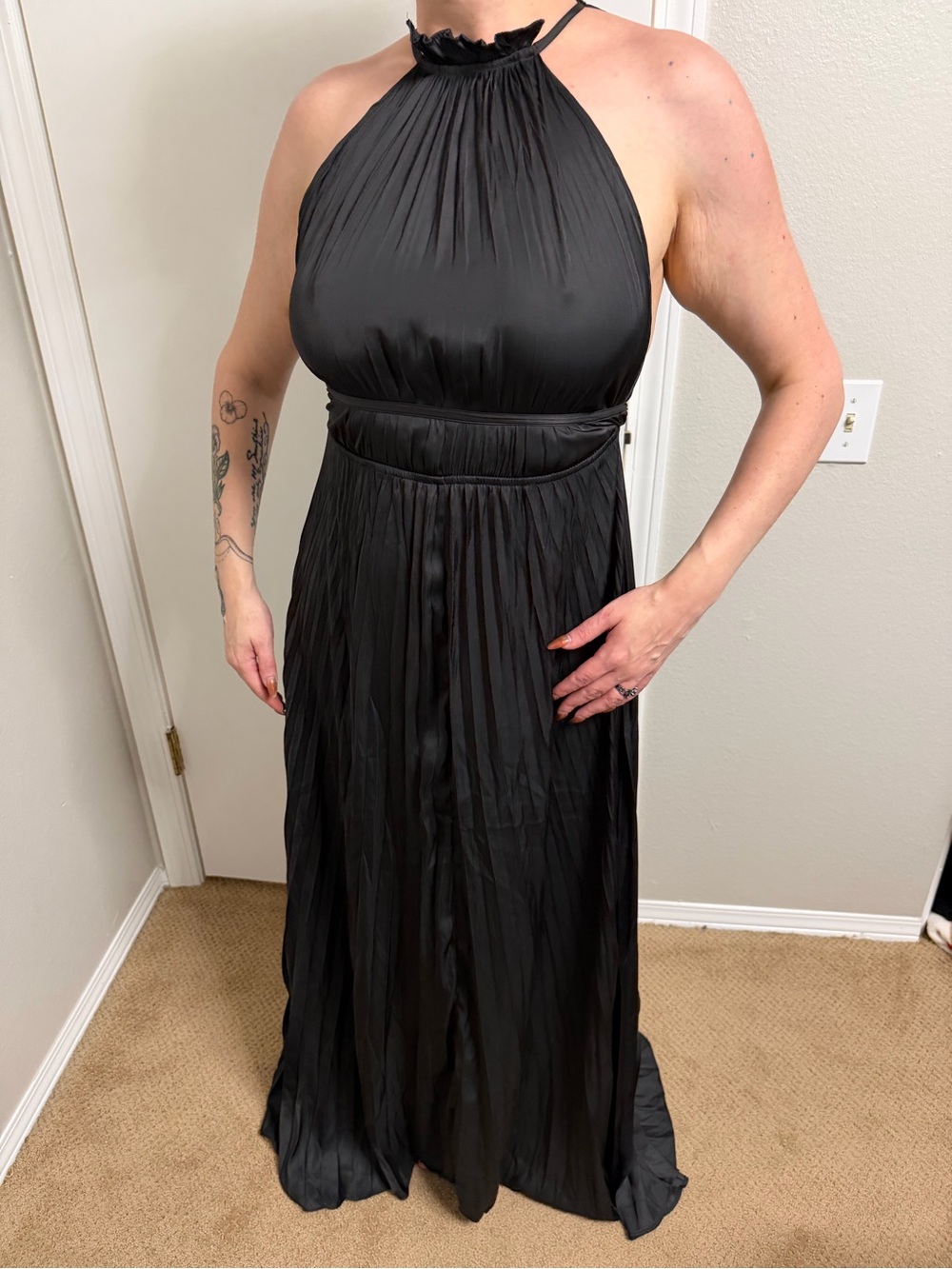 Deluc Elegant Black Halter Pleated Evening Dress